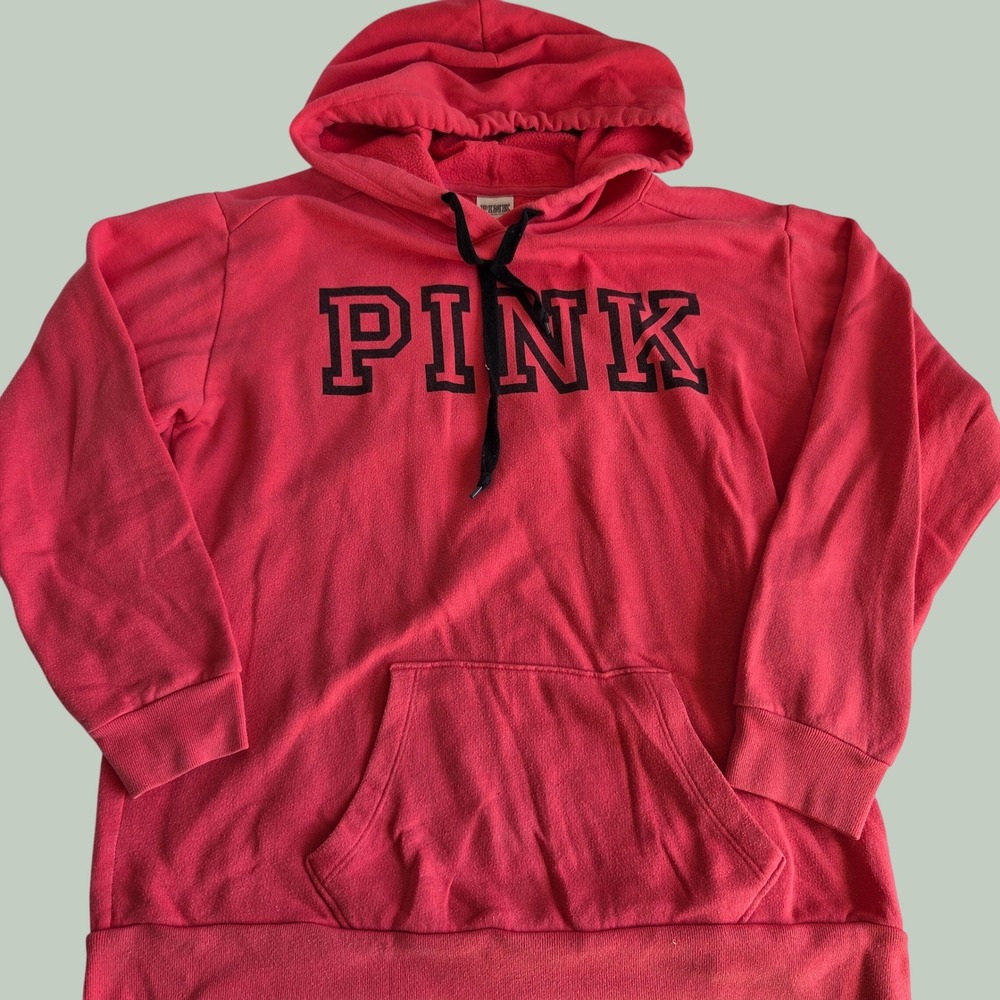 Pink Victoria's Secret Hoodie Coral‎ Red Logo Pullover Y2K Fleece XS